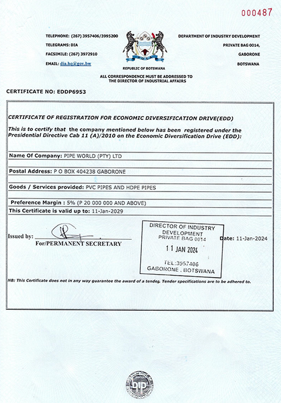 Pipe World qualification certificate