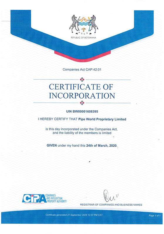 Pipe World qualification certificate